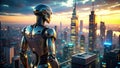 A metallic android observes a sprawling cityscape at sunset, contemplating the future of human-machine interaction and Royalty Free Stock Photo