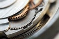 Metallic Background with metal cogwheels a clockwork. Macro Royalty Free Stock Photo