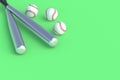 Metallic baseball bats and balls on green background Royalty Free Stock Photo