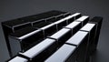 Metallic black cubes rotating slowly across gray background, generating sleek abstract animation with seamless geometric