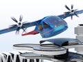 Metallic blue E-VTOL passenger aircraft taking off from an urban airport