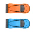 Metallic blue and orange super sports cars - top view Royalty Free Stock Photo