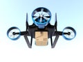 Metallic blue VTOL drone carrying delivery package flying in the sky