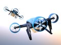 Metallic blue VTOL drone carrying delivery package flying in the sky