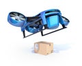 Metallic blue VTOL drone carrying delivery packages takeoff from white background