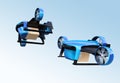 Metallic blue VTOL drones carrying delivery packages flying in the sky