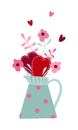 Metallic blue watering can with handles and pink polka dot decor filled with valentines and rustic flowers Royalty Free Stock Photo