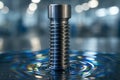 High detail macro photograph of a metallic bolt standing on a rippled liquid surface Royalty Free Stock Photo