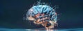 A metallic brain, styled after M C Escher, floats above a mirrored surface, its intricate structure illuminated by data streams