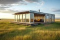 metallic cabin with sliding doors in an open prairie setting