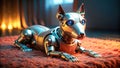 A metallic canine robot rests on a plush surface in a dimly lit room. Generative AI