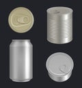 Metallic cans. Aluminium or steel beverages packages for drinks and food fish tuna decent vector realistic template