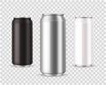 Metallic cans. Realistic black, silver and white tin mockup, front view marketing branding template, empty beverage Royalty Free Stock Photo