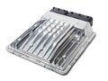 Metallic car engine control unit with plastic elements on a white isolated background is the connecting center of various Royalty Free Stock Photo