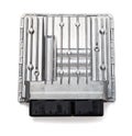 Metallic car engine control unit with plastic elements on a white isolated background is the connecting center of various Royalty Free Stock Photo