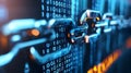 Metallic Chain with Digital Binary Code Background Representing Blockchain Technology Security and Data Encryption in a Futuristic Royalty Free Stock Photo