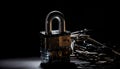 Metallic chain locked with rusty padlock symbolizes security generated by AI