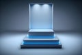 Metallic chrome blue podium, reflection, neon glass, geometric shapes, futurism, pastel colors. A showcase for a beauty product.
