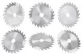 Metallic circular saw disc set. Saw blades for carpentry industry design. 3D rendering. Royalty Free Stock Photo