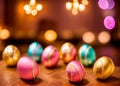 metallic colored easter eggs and fine details on a wooden table with bokeh background.