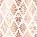Metallic copper foil floral seamless pattern. Repeating vector background rose gold flowers on white in geometric rhombus shapes.