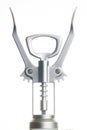 Metallic corkscrew with two levers like humanoid robot raises it`s hands up on a white background. Vertical