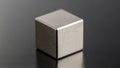 A metallic cube with a brushed surface finish sits on a black reflective Royalty Free Stock Photo