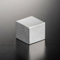 A metallic cube with a brushed surface finish sits on a reflective Royalty Free Stock Photo
