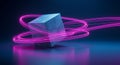 A metallic cube is centrally placed on a reflective surface, with vibrant pink light trails Royalty Free Stock Photo