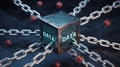 Metallic cube data secured by heavy chains surrounded by red viruses Royalty Free Stock Photo
