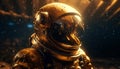 Metallic cyborg astronaut explores futuristic underwater galaxy adventure generated by AI