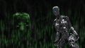 Metallic cyborg on black robotic background