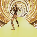 Metallic cyborg in a futuristic tunnel