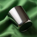 A metallic, cylindrical cup rests on a slightly wrinkled green fabric. The cup has a shiny, Royalty Free Stock Photo