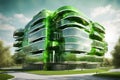 Metallic 3D image of innovative 6 story building, high tech offices, in a green environment, pastoral nature, rectangular, a 2 Royalty Free Stock Photo