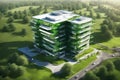 Metallic 3D image of innovative 6 story building, high tech offices, in a green environment, pastoral nature, rectangular, a 2 Royalty Free Stock Photo