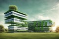 Metallic 3D image of innovative 6 story building, high tech offices, in a green environment, pastoral nature, rectangular, a 2 Royalty Free Stock Photo