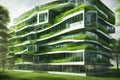 Metallic 3D image of innovative 6 story building, high tech offices, in a green environment, pastoral nature, rectangular, a 2 Royalty Free Stock Photo