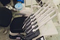 Metallic dentist tools close up on a dentist chair in Dentist Clinic. Royalty Free Stock Photo