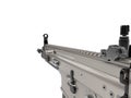 Metallic desert sand color assault rifle - FPS closeup shot Royalty Free Stock Photo