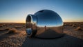 A metallic dome shaped structure sits in a barren desert landscape Royalty Free Stock Photo