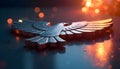 Metallic eagle emblem lying on a reflective surface, with outstretched wings, American Independent day 4th of july, USA Royalty Free Stock Photo