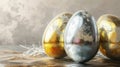 Metallic Easter Trio: Gold and Silver Eggs with Textured Surface Royalty Free Stock Photo