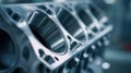 Metallic engine block component showing polished cylindrical cylinders inside with precise engineering details in an industrial Royalty Free Stock Photo