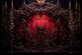 metallic gate with intricate devilish engravings, backlit by crimson light