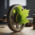 A metallic gear with a detailed texture centrally features a bright green maple leaf Royalty Free Stock Photo