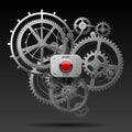 Metallic gear wheels of clockwork with start and stop red button