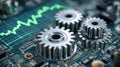 Metallic gears on a digital circuit board with a dynamic green data waveform illustrating the connection between mechanical Royalty Free Stock Photo