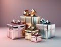 Different size of 5 gifts mockup on Pink background. Generative AI