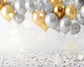 metallic glitter balloons and confetti in the background. Royalty Free Stock Photo